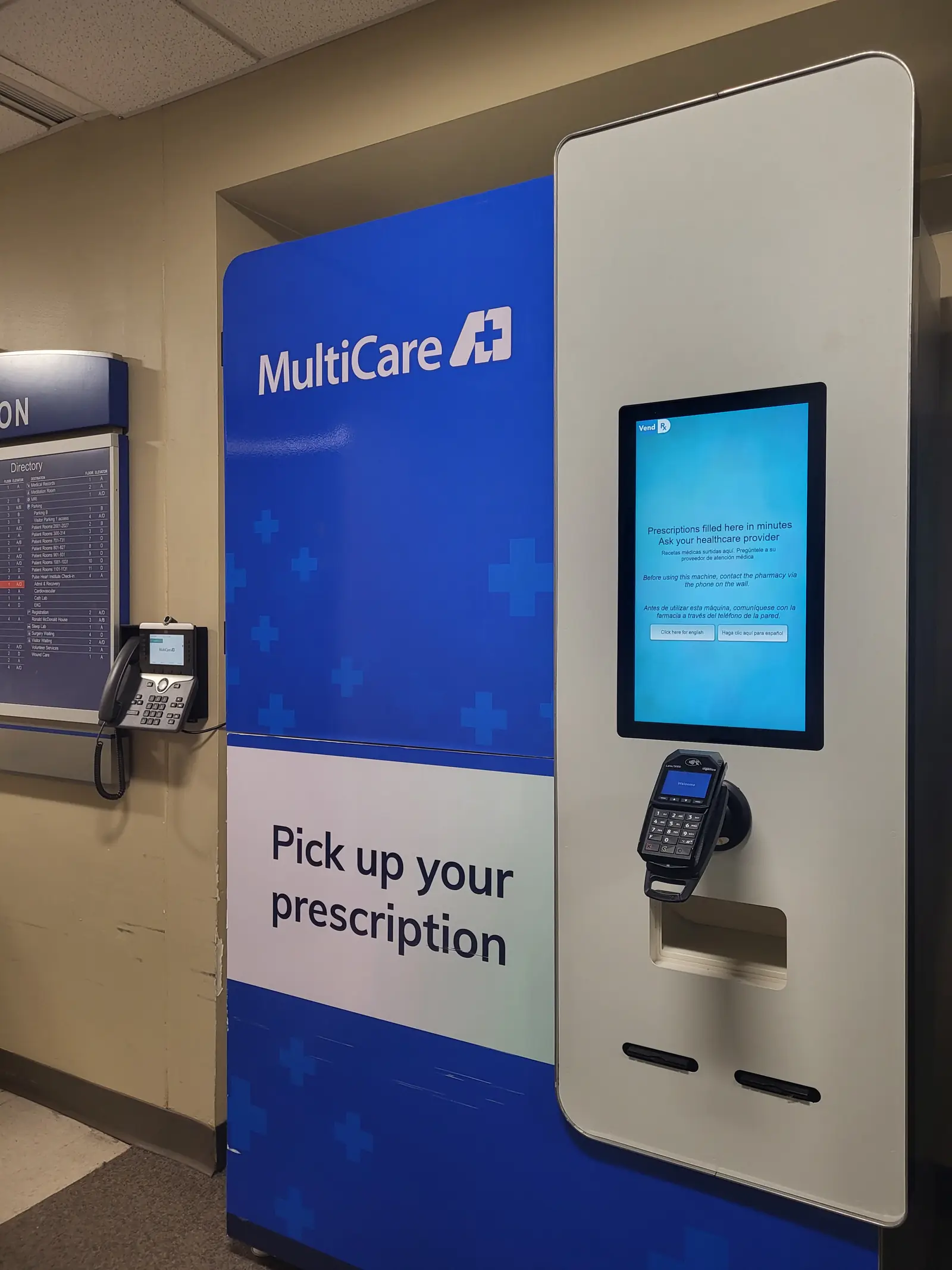 VendRx prescription pickup unit wrapped in MultiCare branding inside a MultiCare hospital
