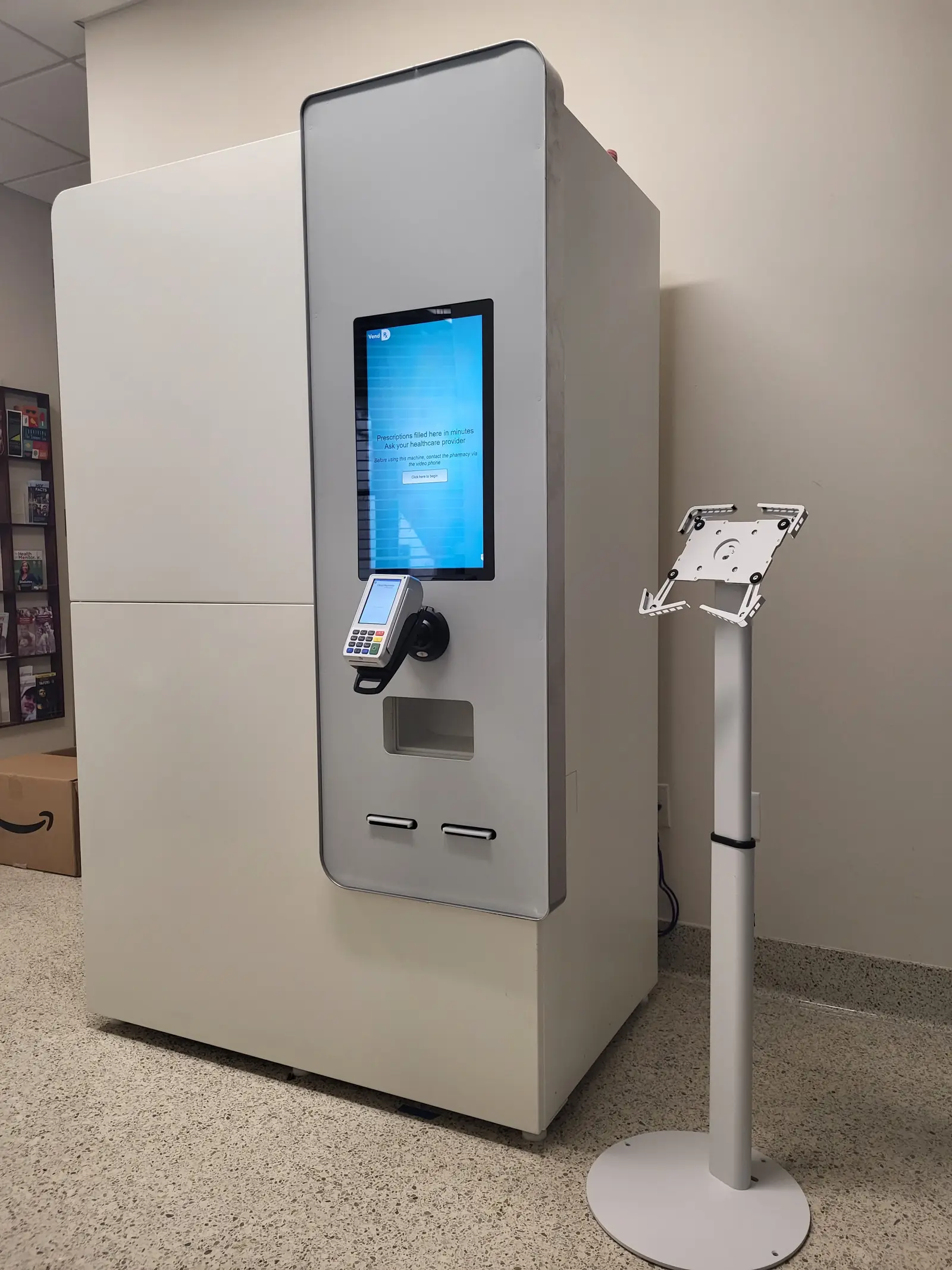 Freestanding VendRx prescription pickup unit in a hospital corridor